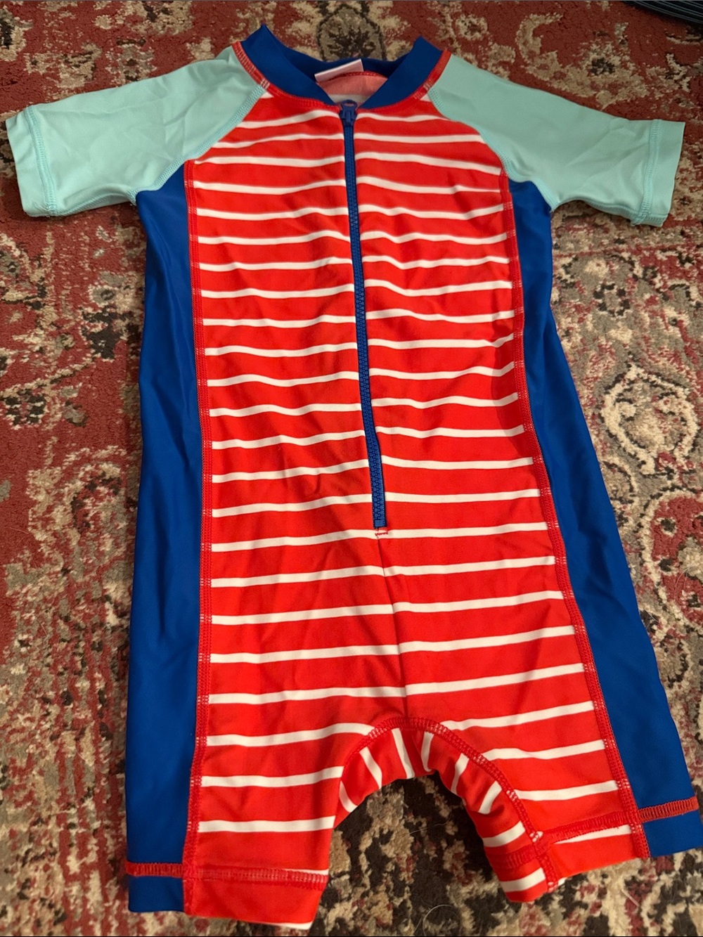 Kids Red Stripe Short-Sleeve Rash Guard Swimsuit